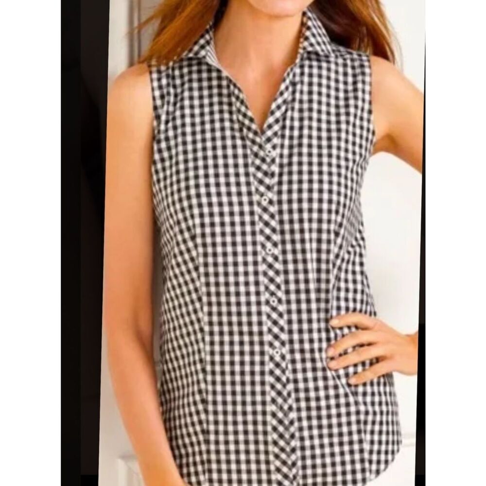 Talbots Plus Black & White Gingham Sleeveless Button-Down No Iron Top Size 18